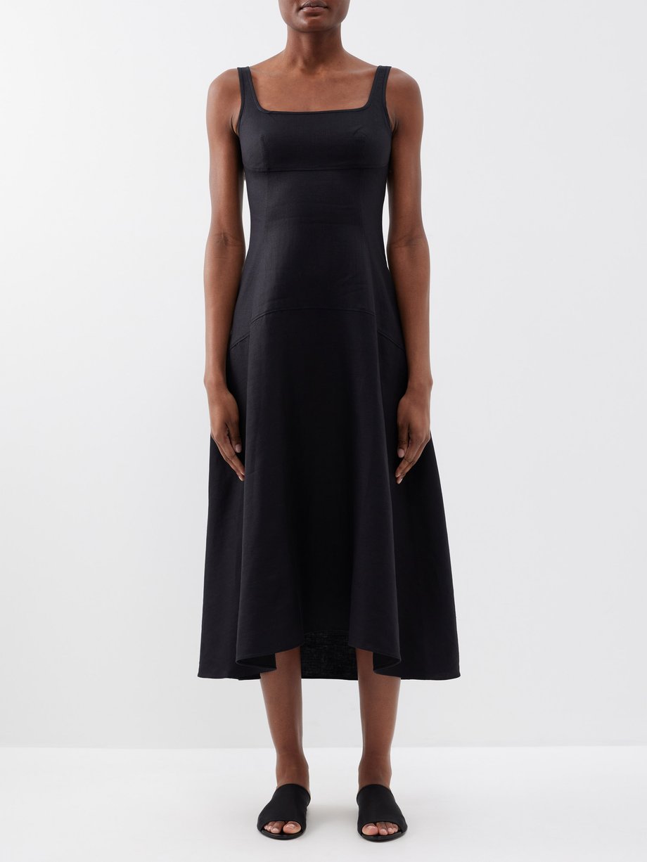 Black Scoop-neck organic-linen midi dress | Another Tomorrow | MATCHES UK