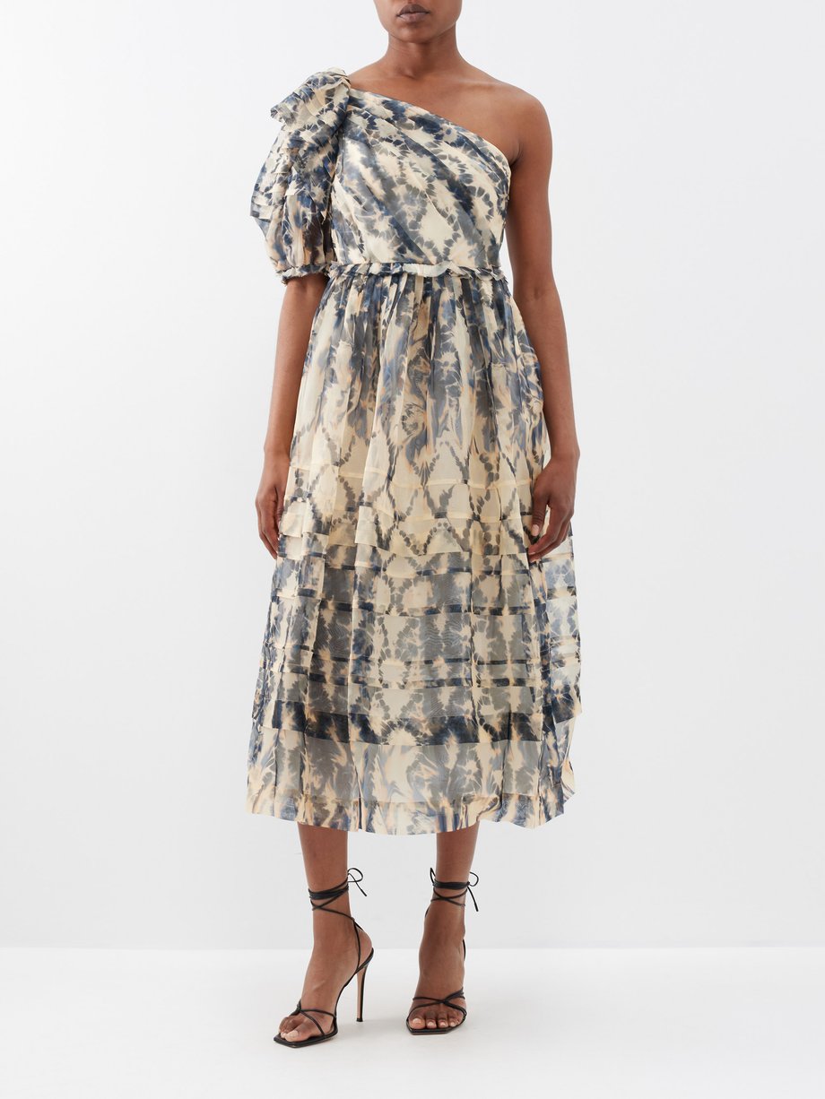 Print Artemis asymmetric printed silk-organza midi dress | Ulla Johnson ...