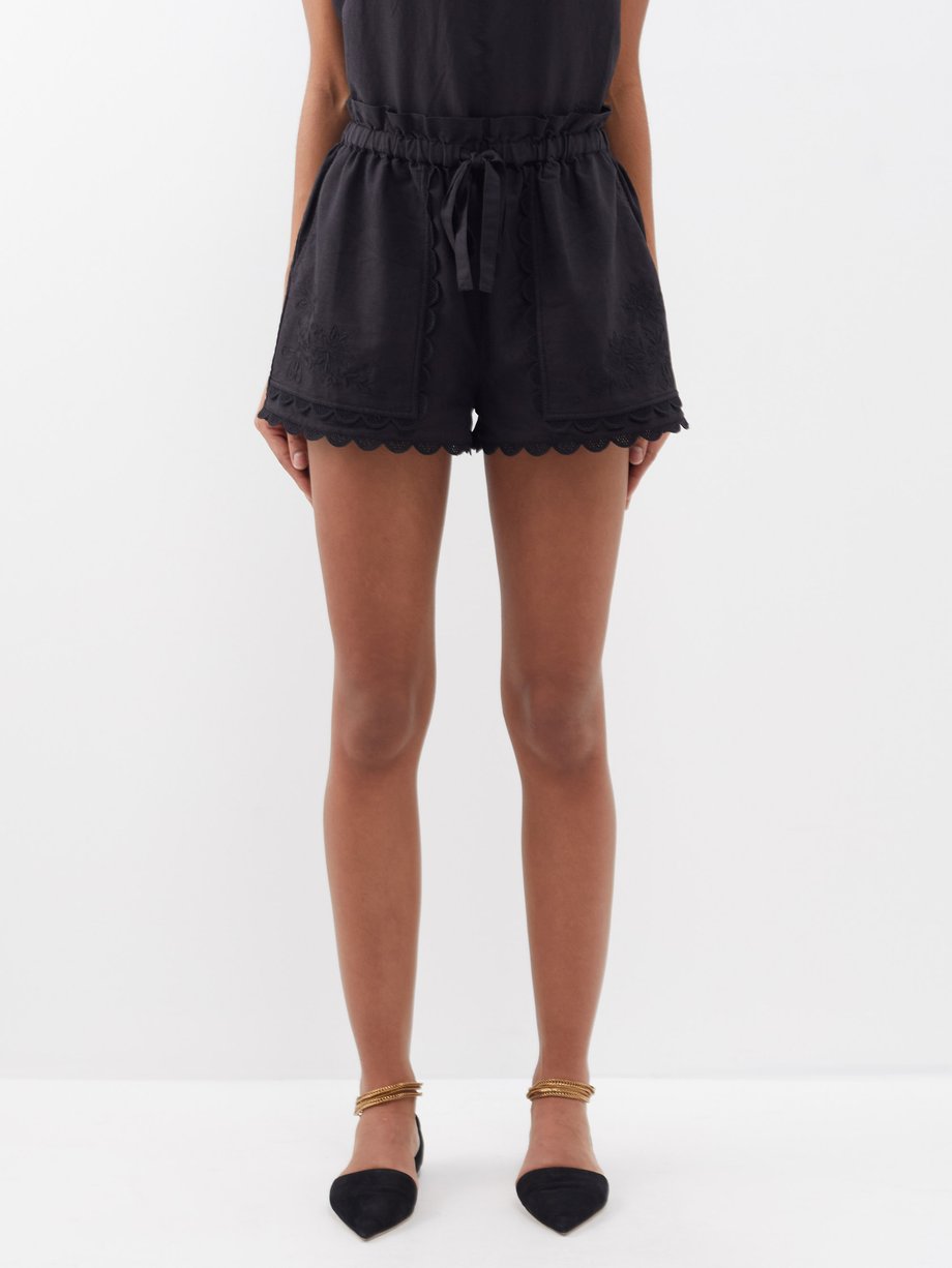 Black Nellie floral-embroidered linen-blend shorts | Ulla Johnson ...