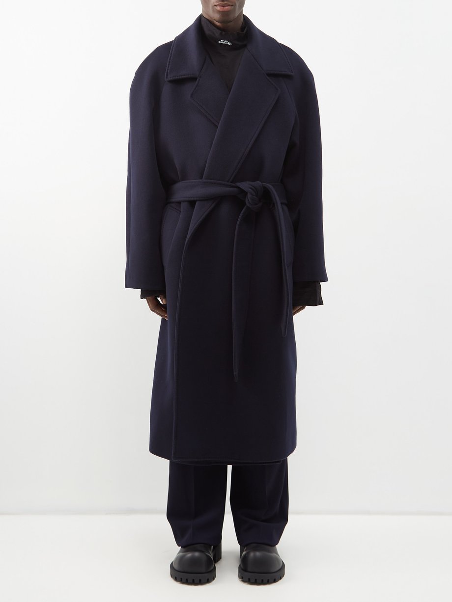 Navy Raglan-sleeve belted cashmere coat | Balenciaga | MATCHES UK