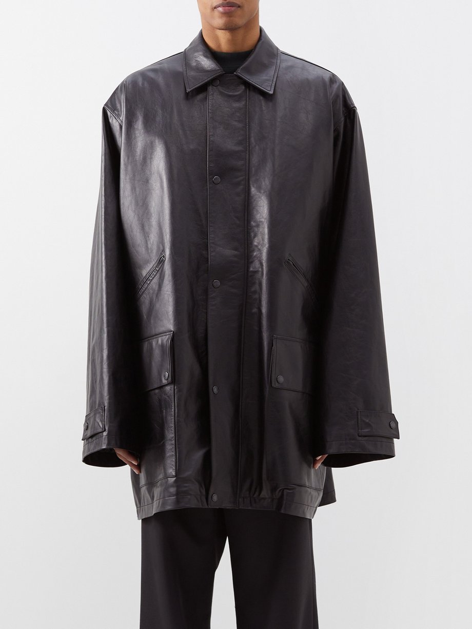 Black Hourglass flared leather coat  Balenciaga  MATCHESFASHION US
