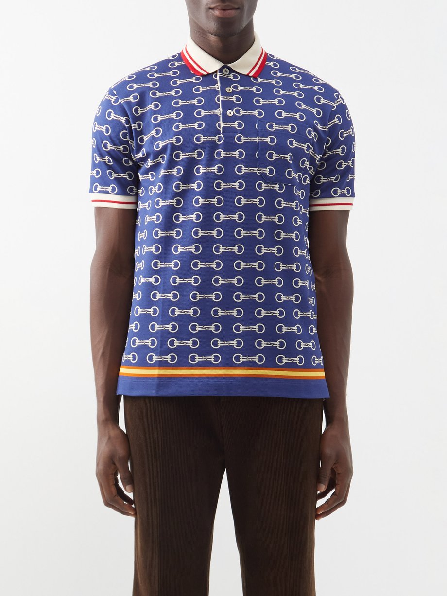 Blue Horsebit-print cotton-pique polo shirt | Gucci | MATCHES UK