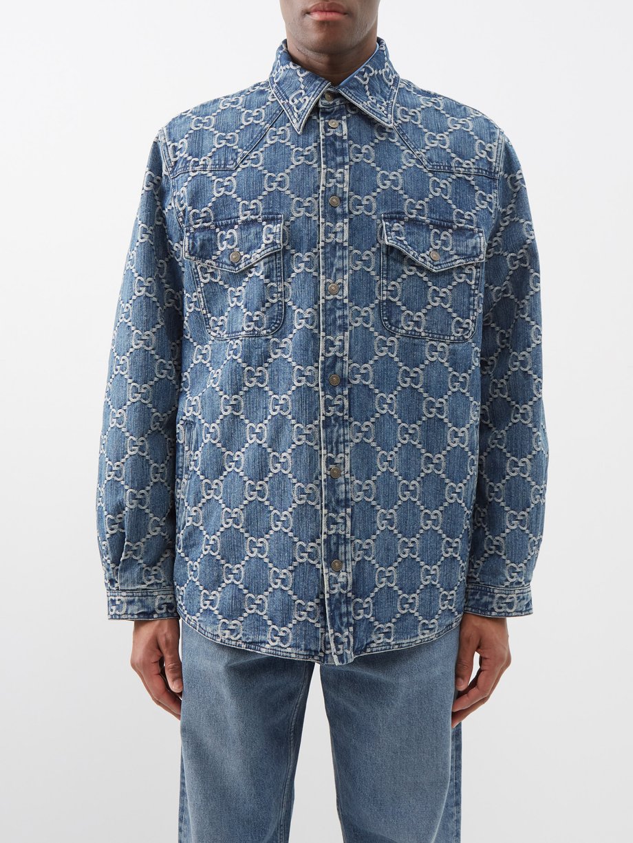 Gucci - GG-jacquard Denim Shirt - Mens - Blue White