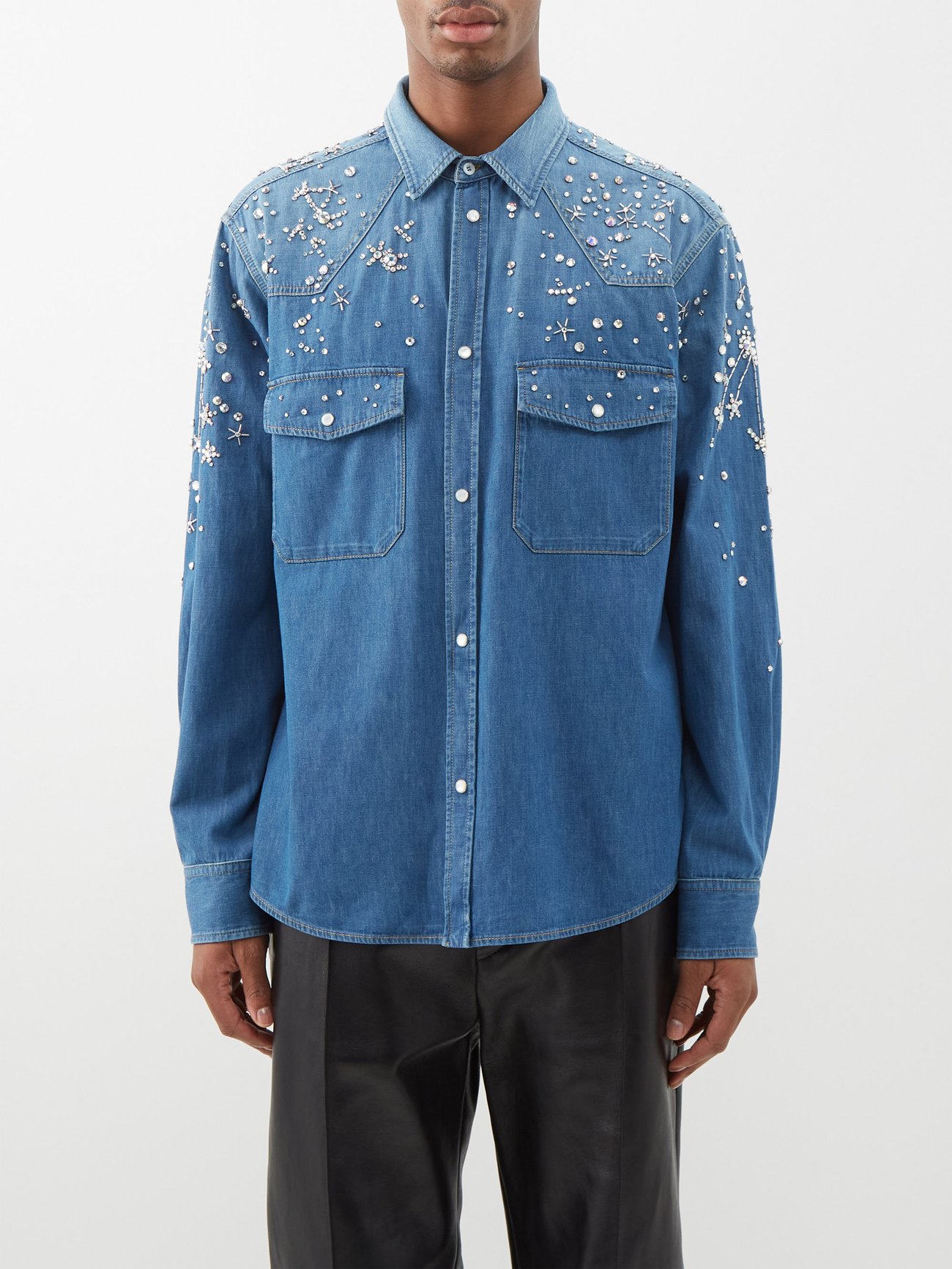 Constellation embroidered denim shirt in blue