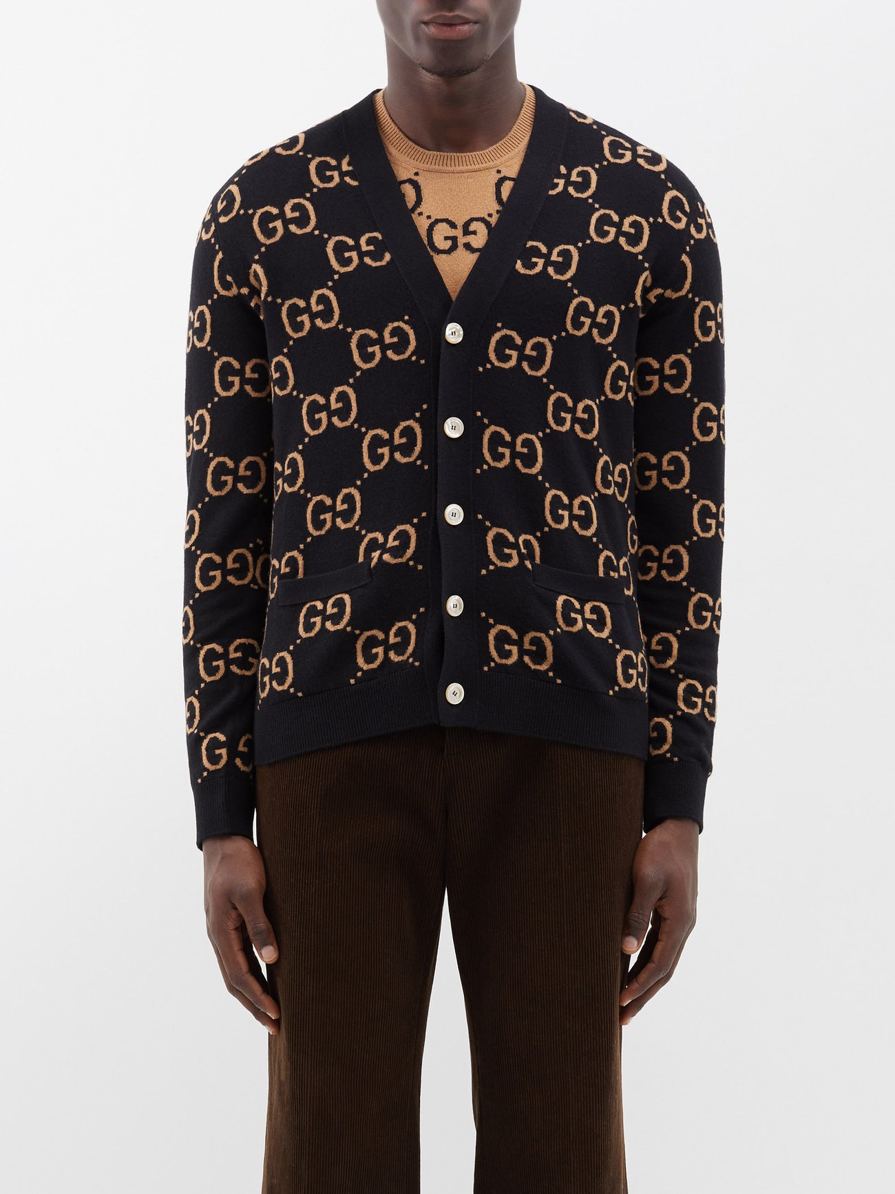 GUCCI Camel/black GG wool cardigan