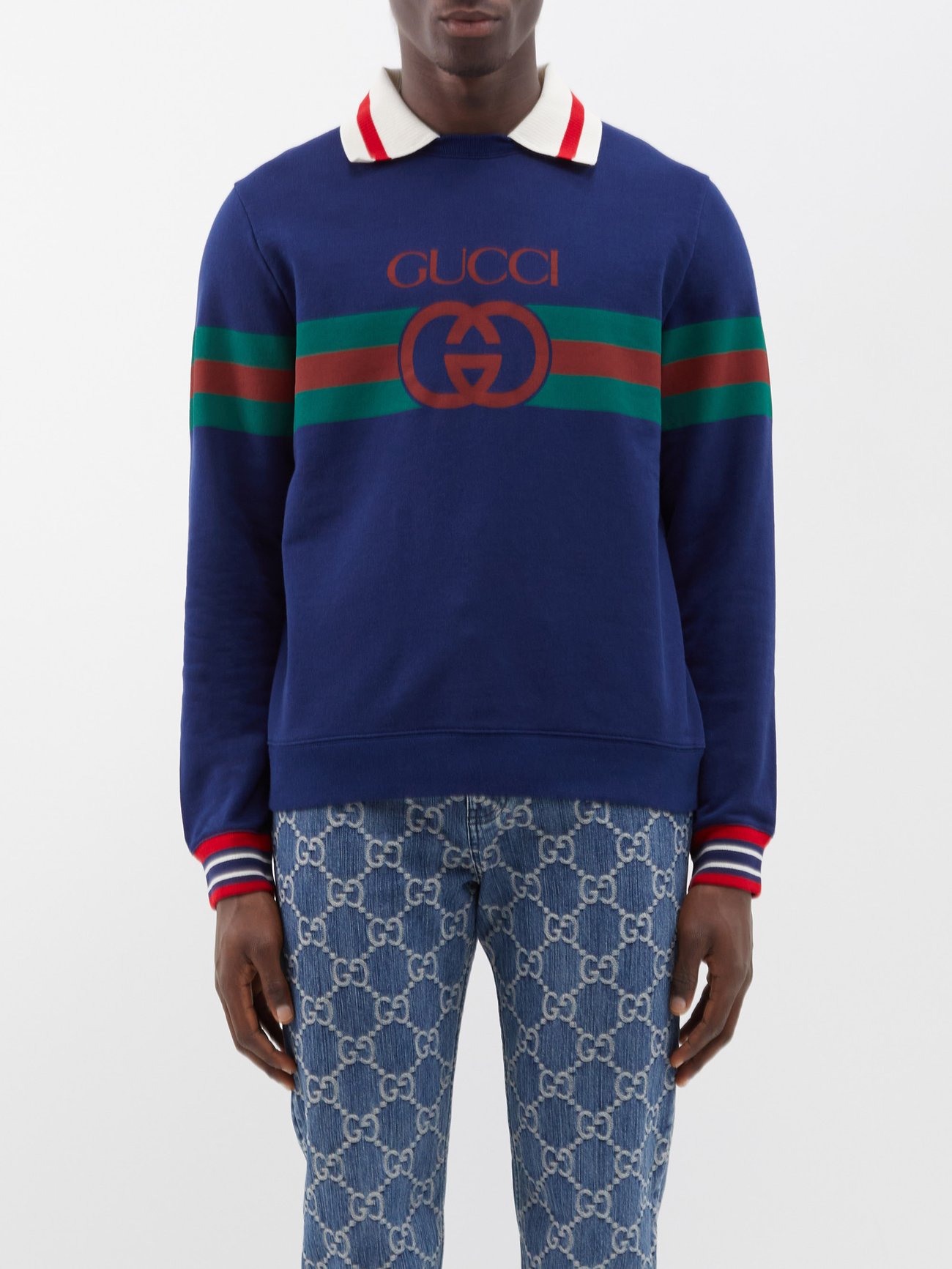 Gucci Navy Blue and White Monogram Jacquard Knit Polo T-Shirt XL Gucci