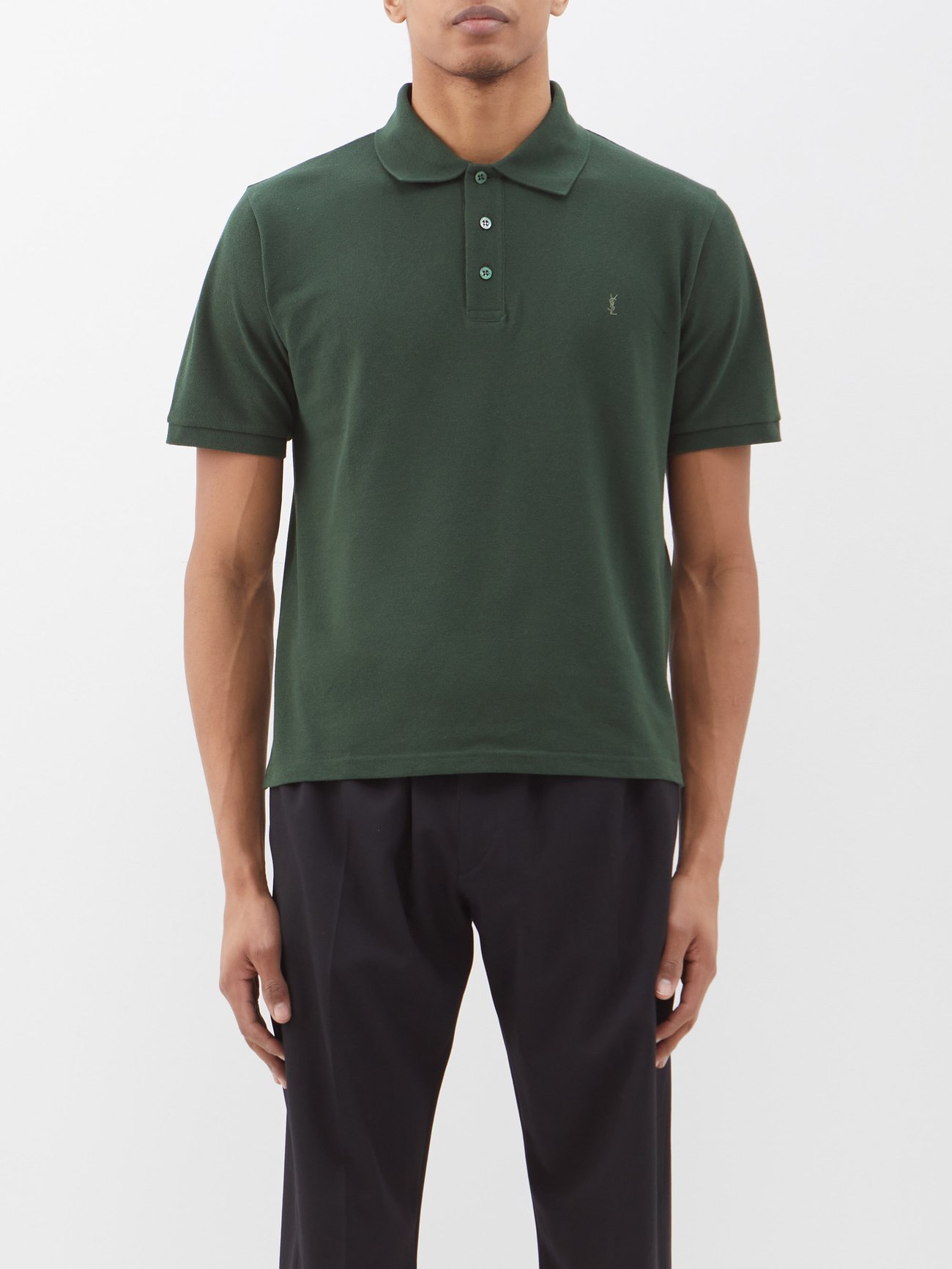 Green Logo-embroidered cotton-blend piqué polo shirt | Saint Laurent ...