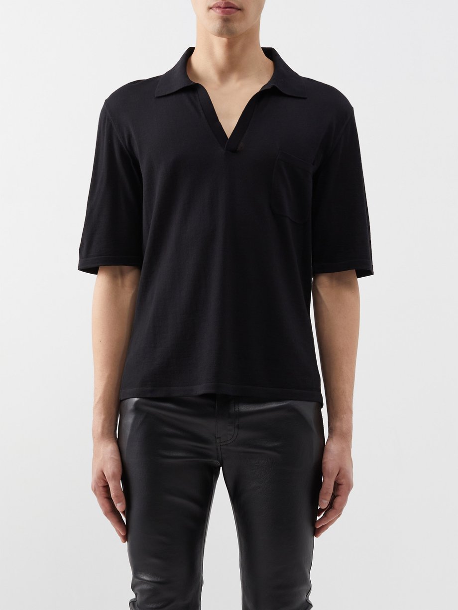 Black Open-collar wool polo shirt | Saint Laurent | MATCHES UK