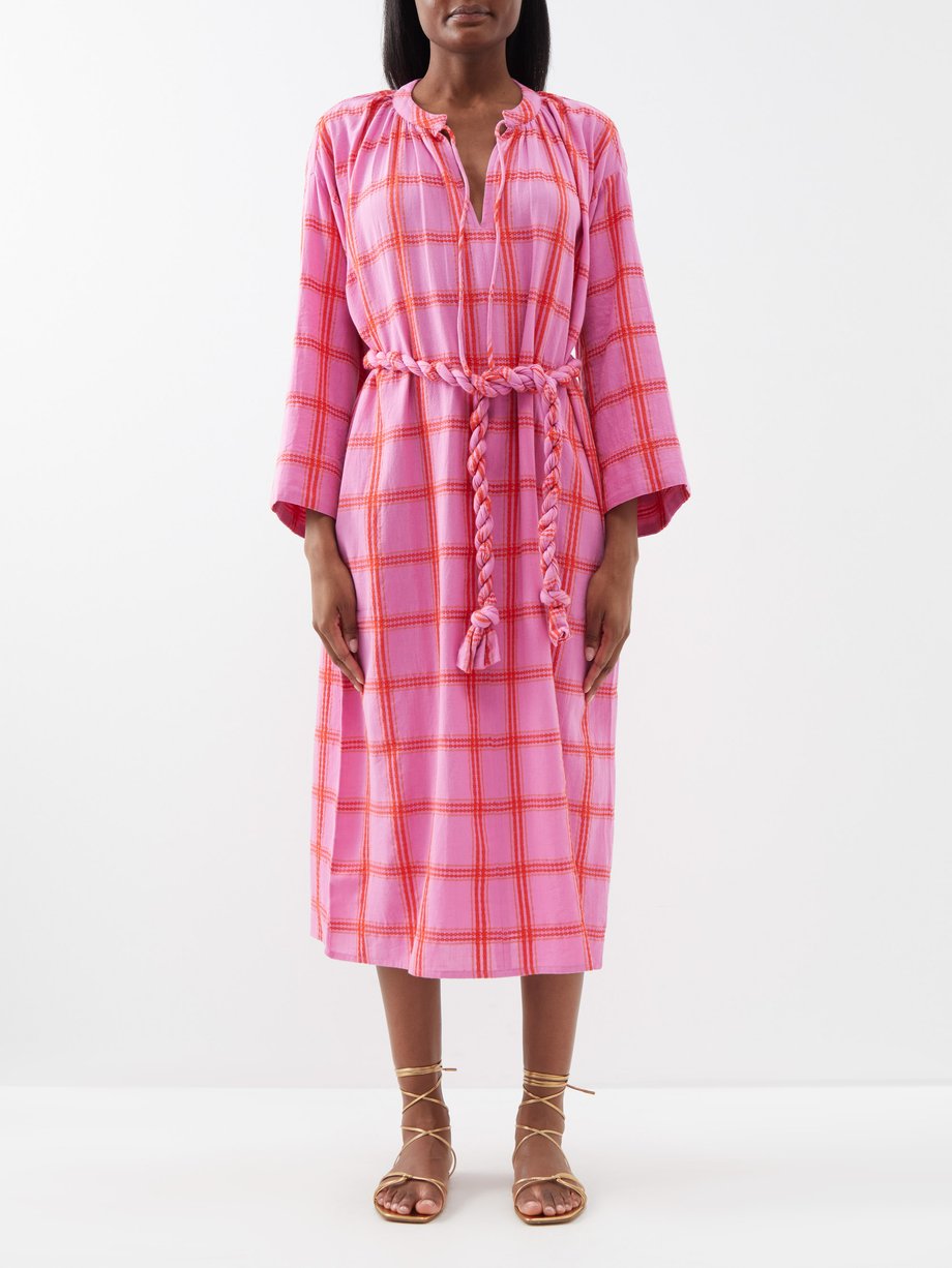 Pink Lysa Checked Organic Cotton Belted Midi Dress Mara Hoffman Matches Uk