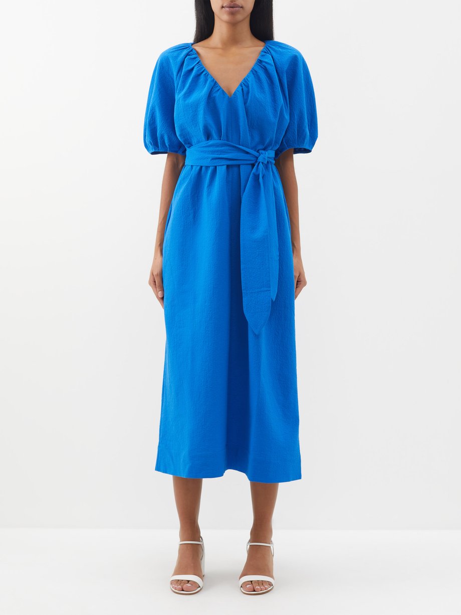 Blue Alora V Neck Belted Organic Cotton Midi Dress Mara Hoffman MATCHESFASHION US