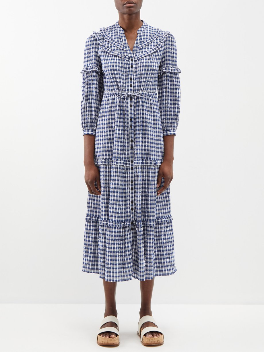 Blue Suki checked cotton-blend seersucker midi dress | Cefinn | MATCHES UK