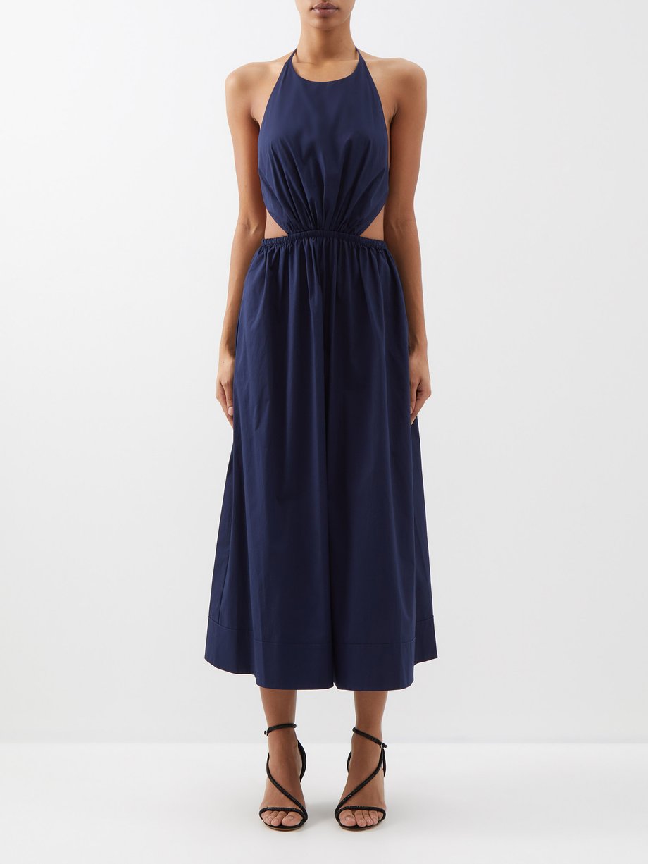 Navy Vanessa halterneck cotton-blend poplin dress | Staud | MATCHES UK