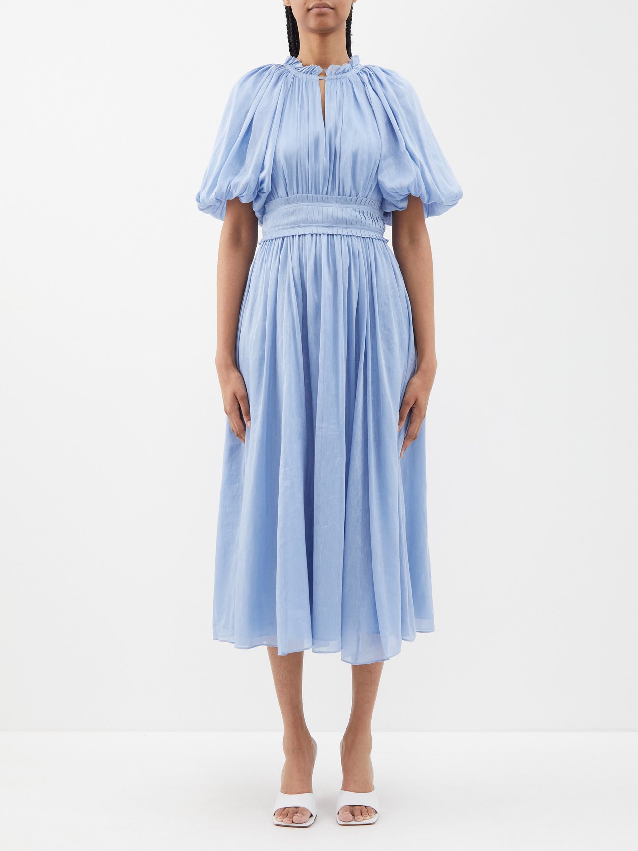 Blue Elysium balloon-sleeved linen-blend midi dress | Aje ...