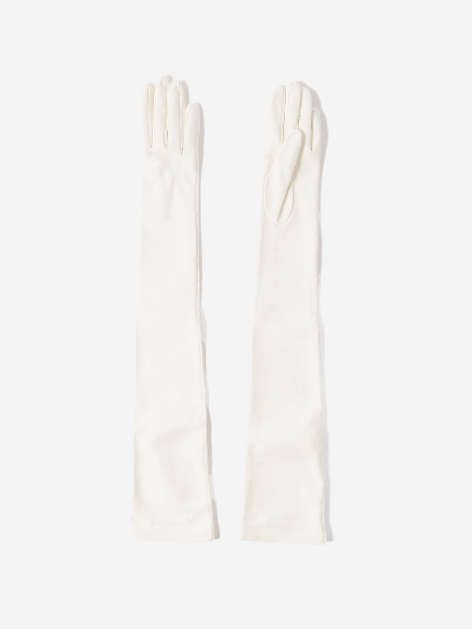 White Logo-debossed long leather gloves | Alexander McQueen ...