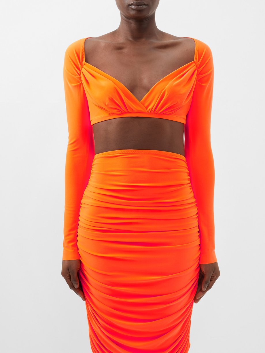 Orange Sweetheart-neck ruched cropped top | Norma Kamali ...