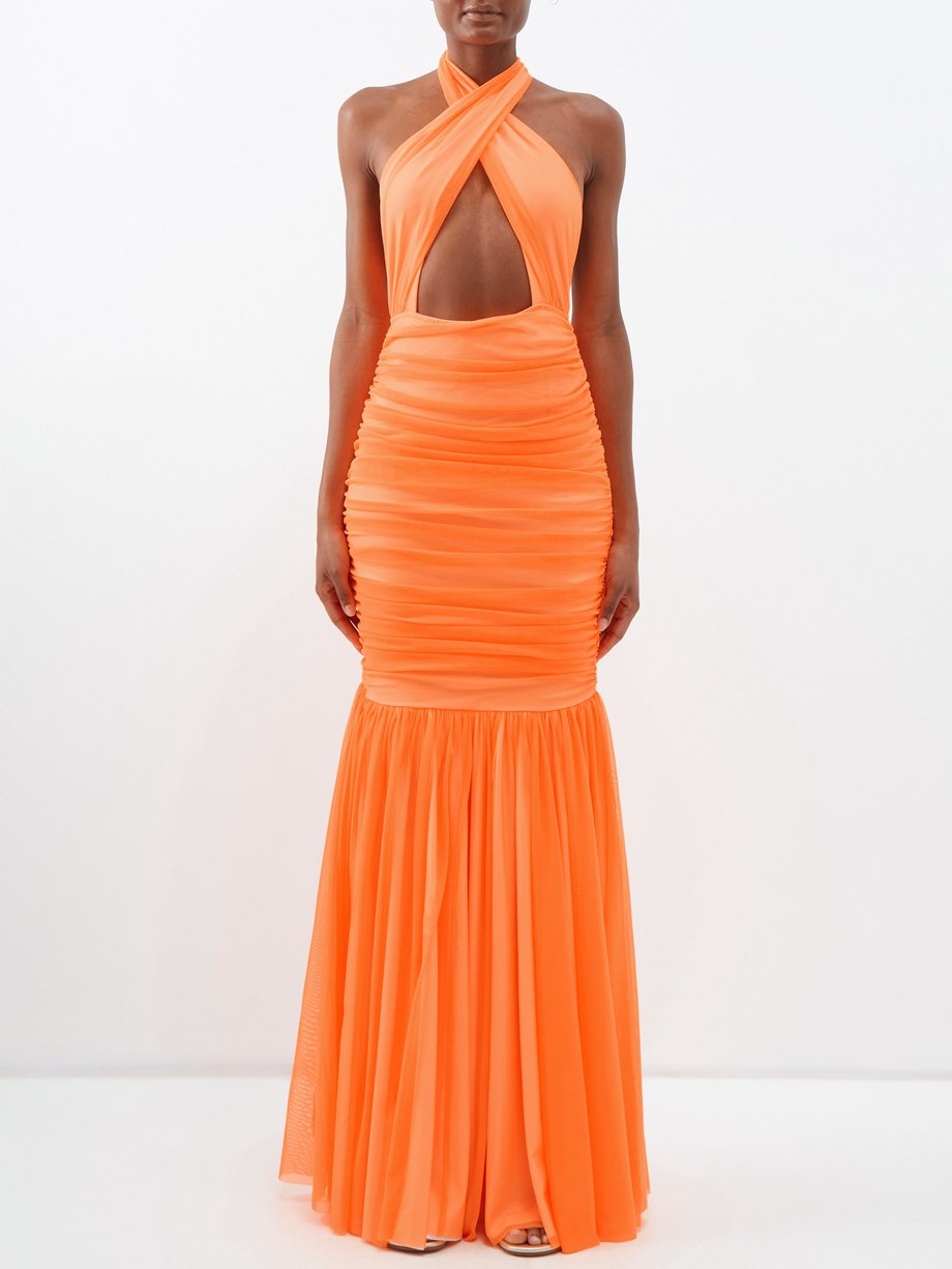 Orange Ruched tulle halterneck fishtail gown | Norma Kamali | MATCHES UK