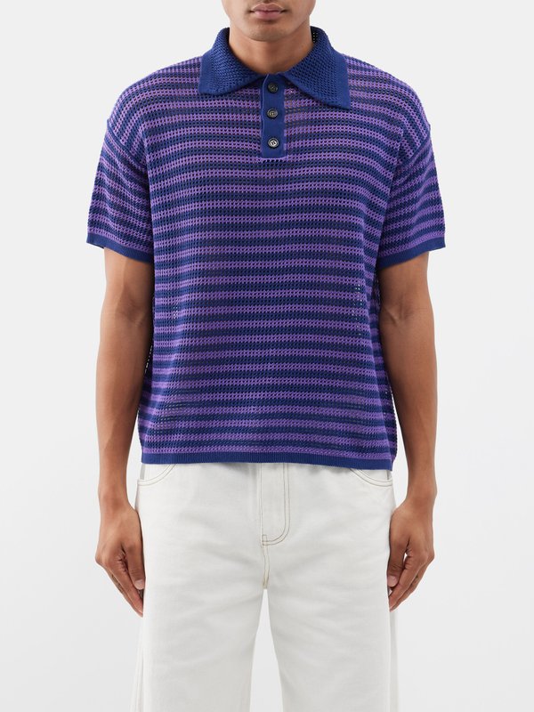 Bode Striped crochet-cotton polo shirt