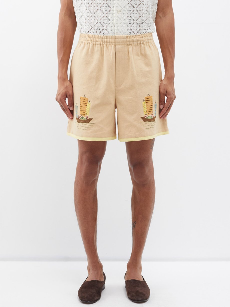 Bode Ship-appliqué linen-blend shorts