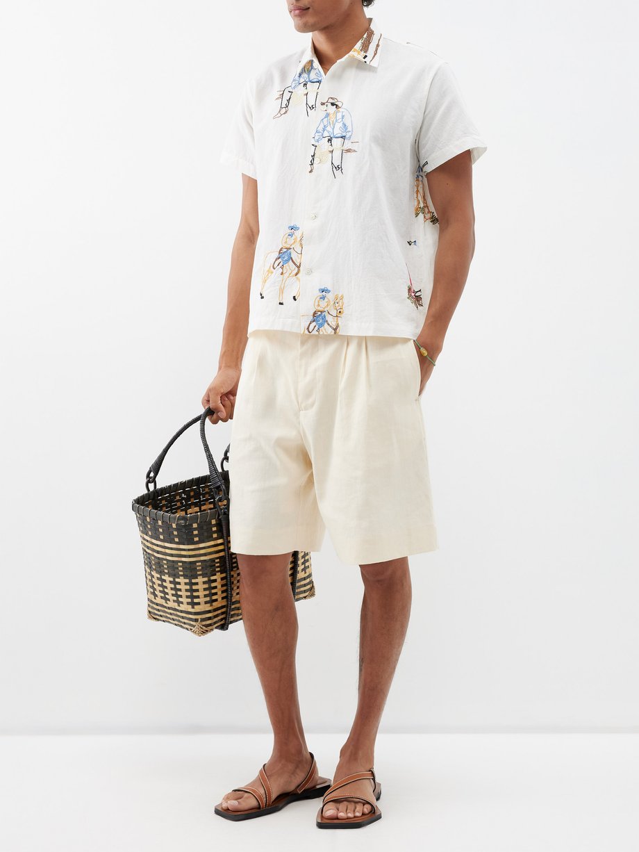 BDG Doodle Embroidered Linen Shirt Top in Natural for Men