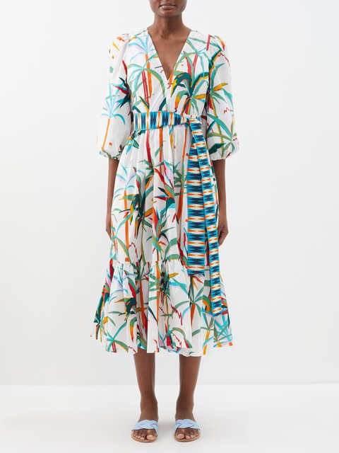 White Loretta Tropical Sunset-print cotton shirt dress