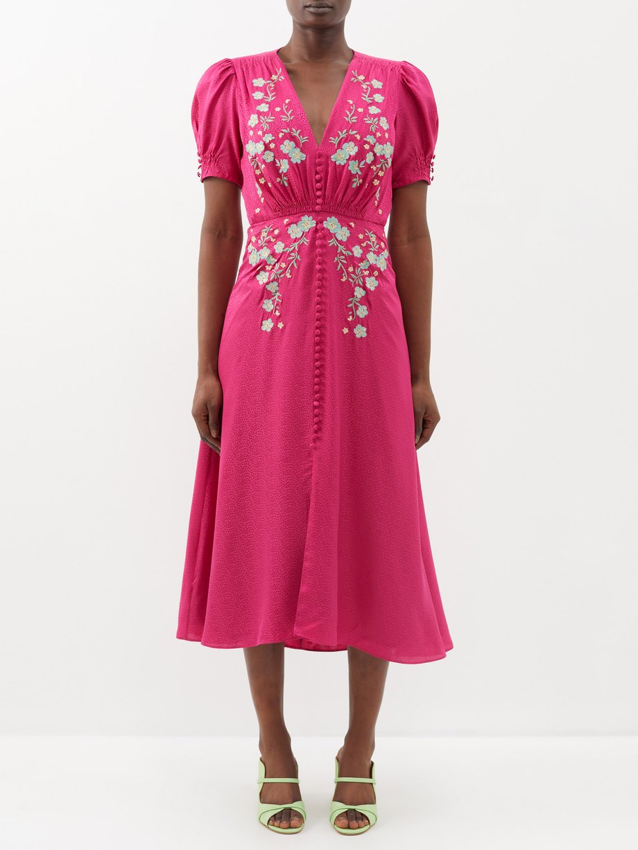 Pink Lea floral-print silk midi dress | Saloni | MATCHESFASHION UK