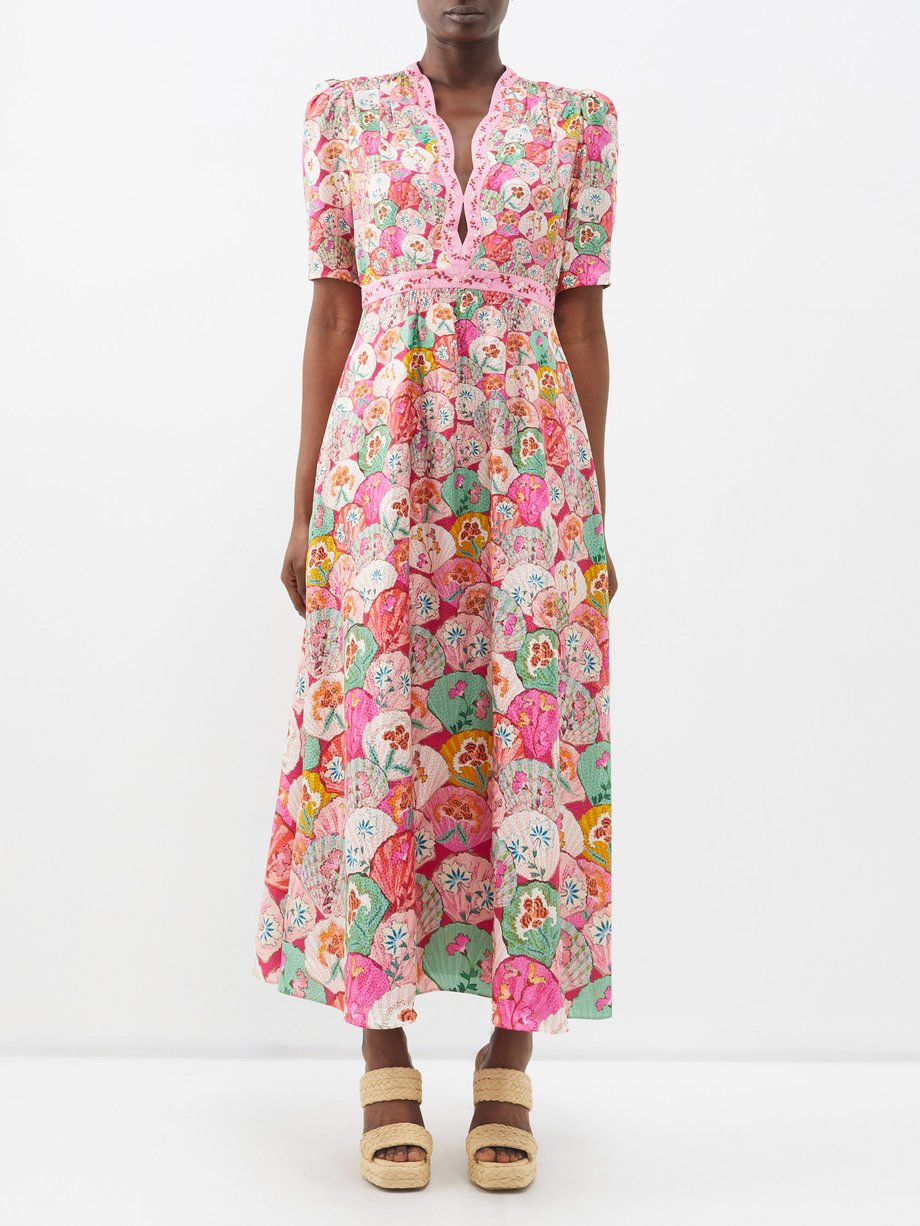 Pink Tabitha shell-print silk midi dress | Saloni | MATCHESFASHION UK