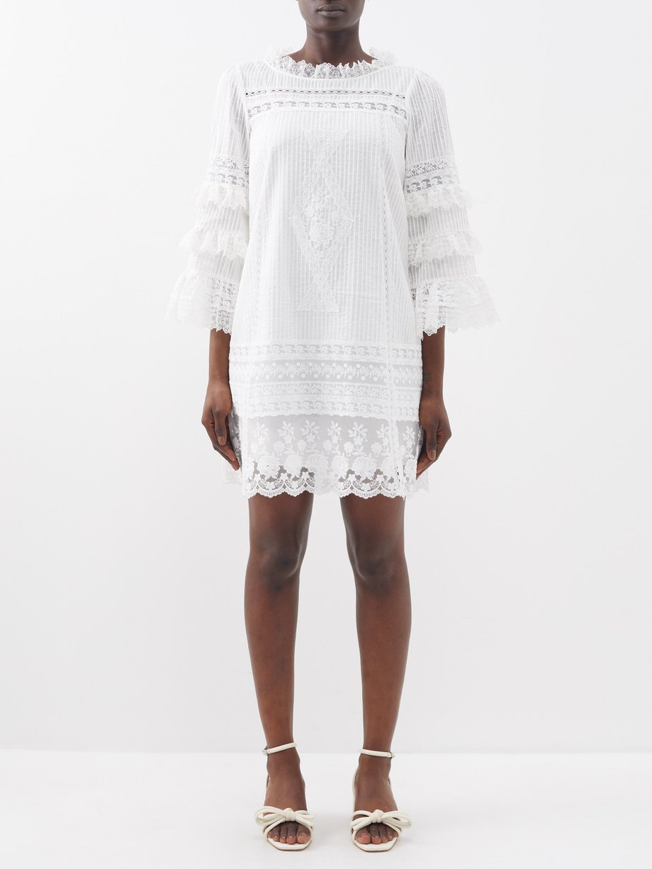 White Lori B pintucked ruffled cotton mini dress | Saloni ...