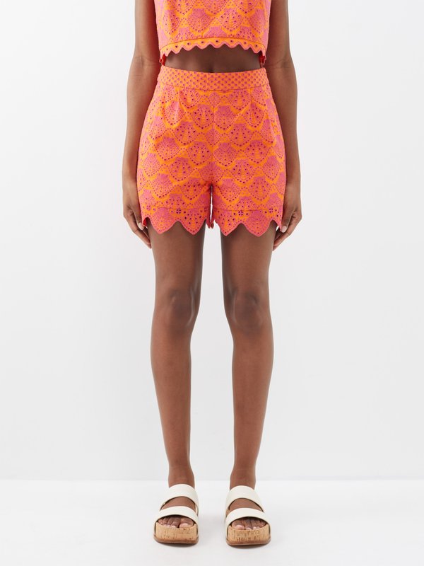 Saloni Paige shell-embroidered scalloped cotton shorts