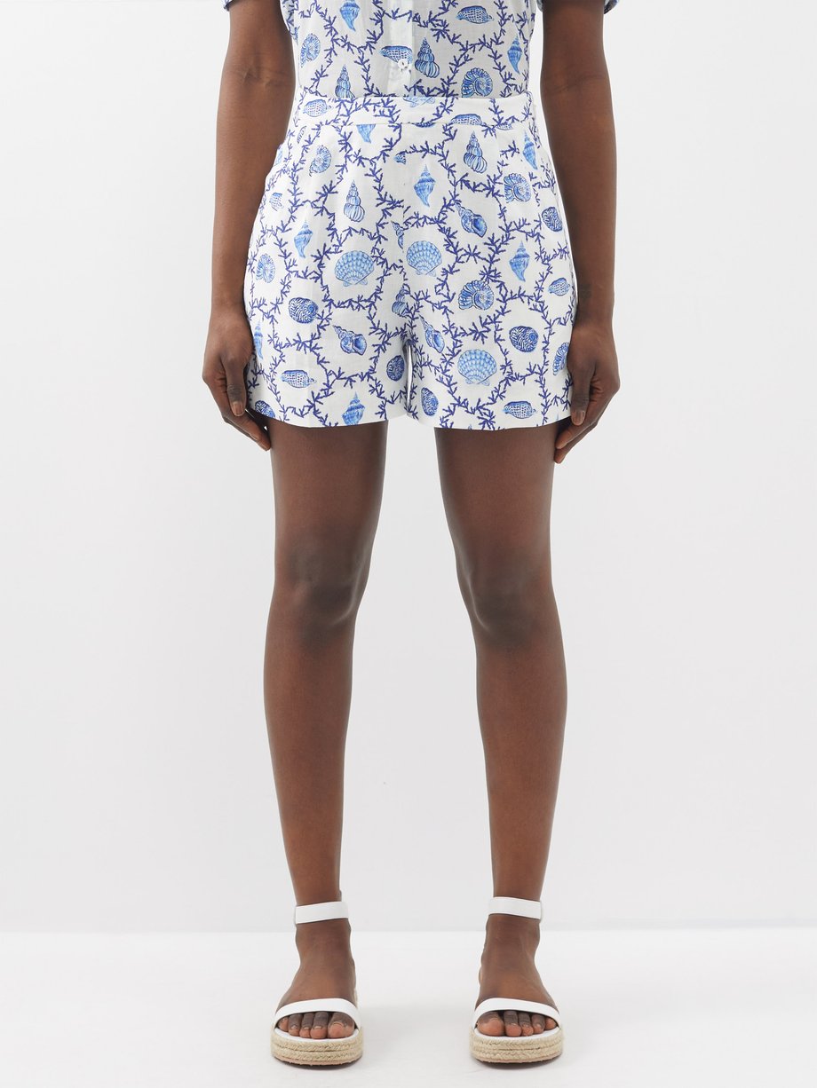Saloni Shell-print tailored linen shorts
