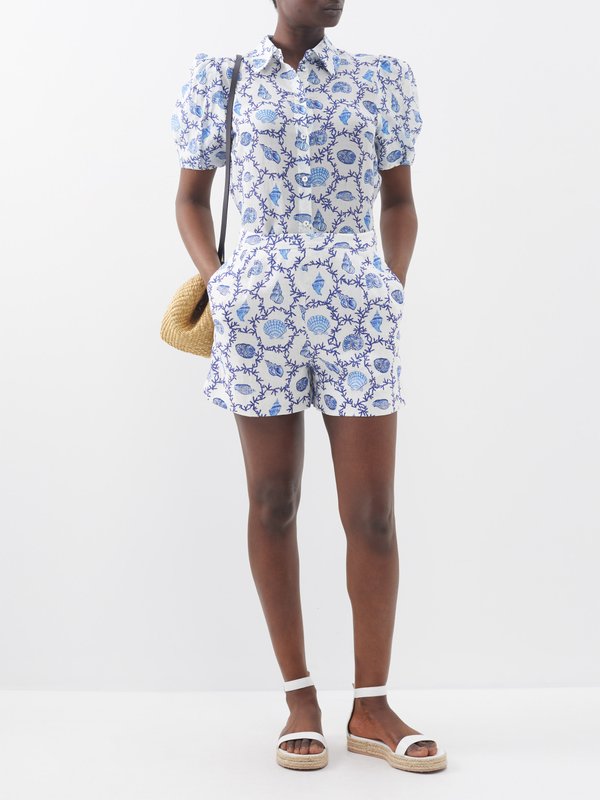 Saloni Shell-print tailored linen shorts