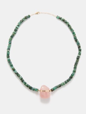 Jia Jia Atlas rose quartz, emerald & 14kt gold necklace