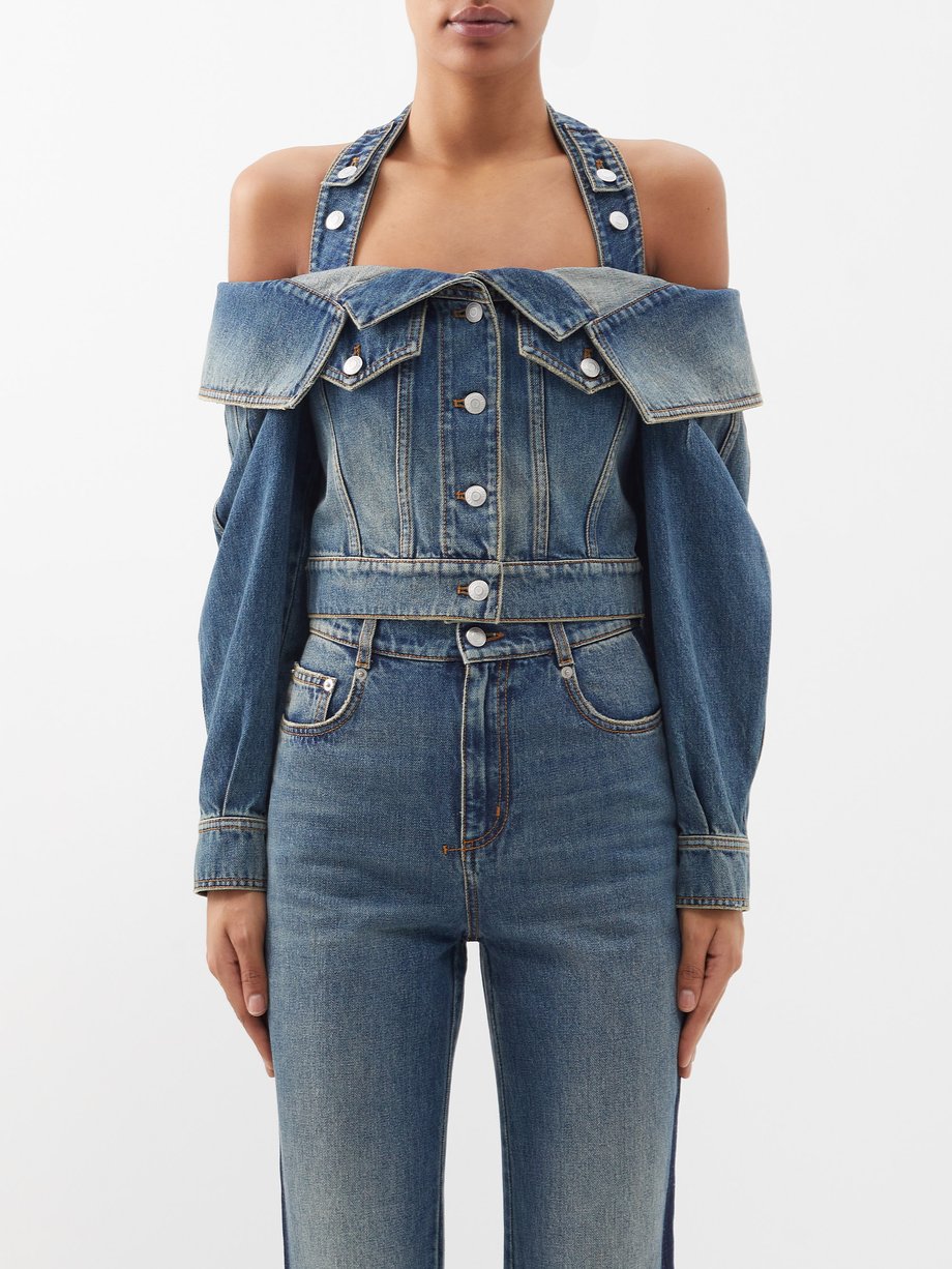 Mid blue Off-the-shoulder cropped jacket | Alexander McQueen | MATCHESFASHION US