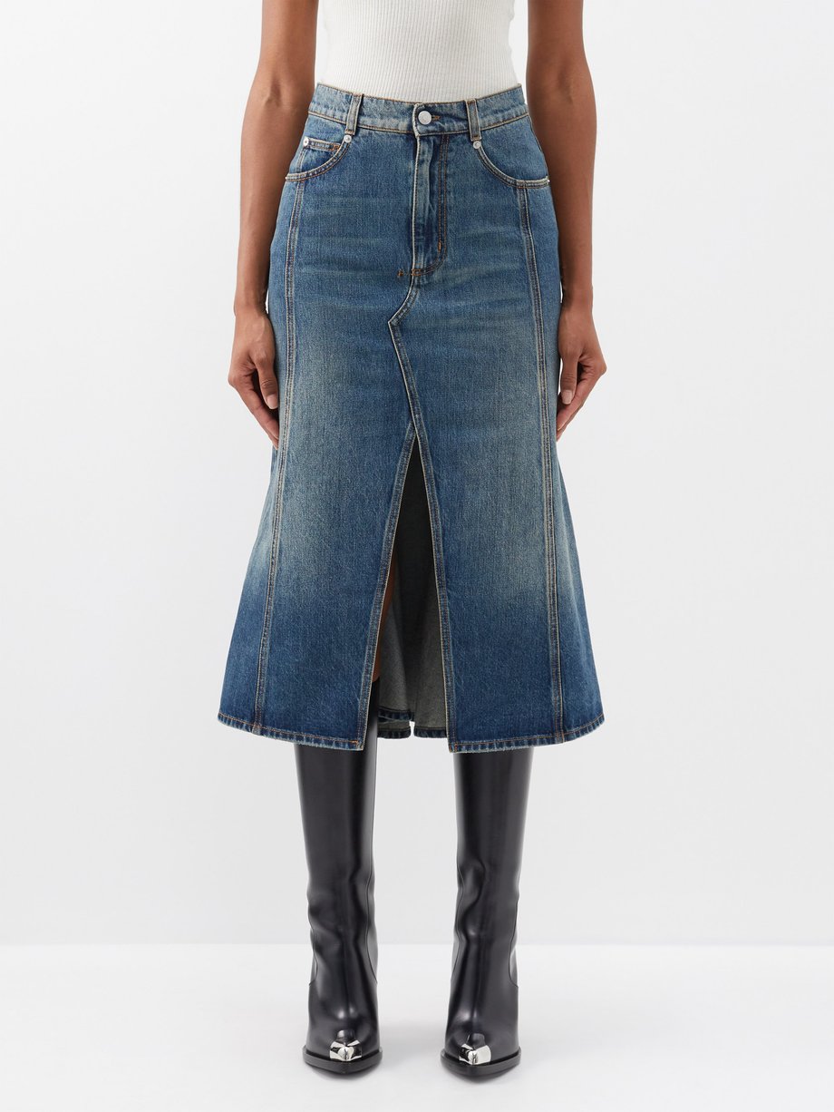 Blue Fishtail-hem slit-front denim skirt | Alexander McQueen ...