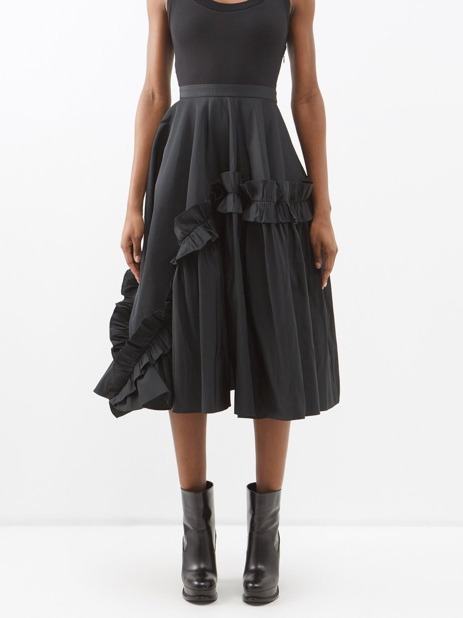 Black Ruffled asymmetric cotton-blend faille midi dress | Alexander ...