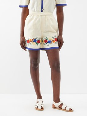 Bode Fruit Bunch-appliqué cotton-blend shorts