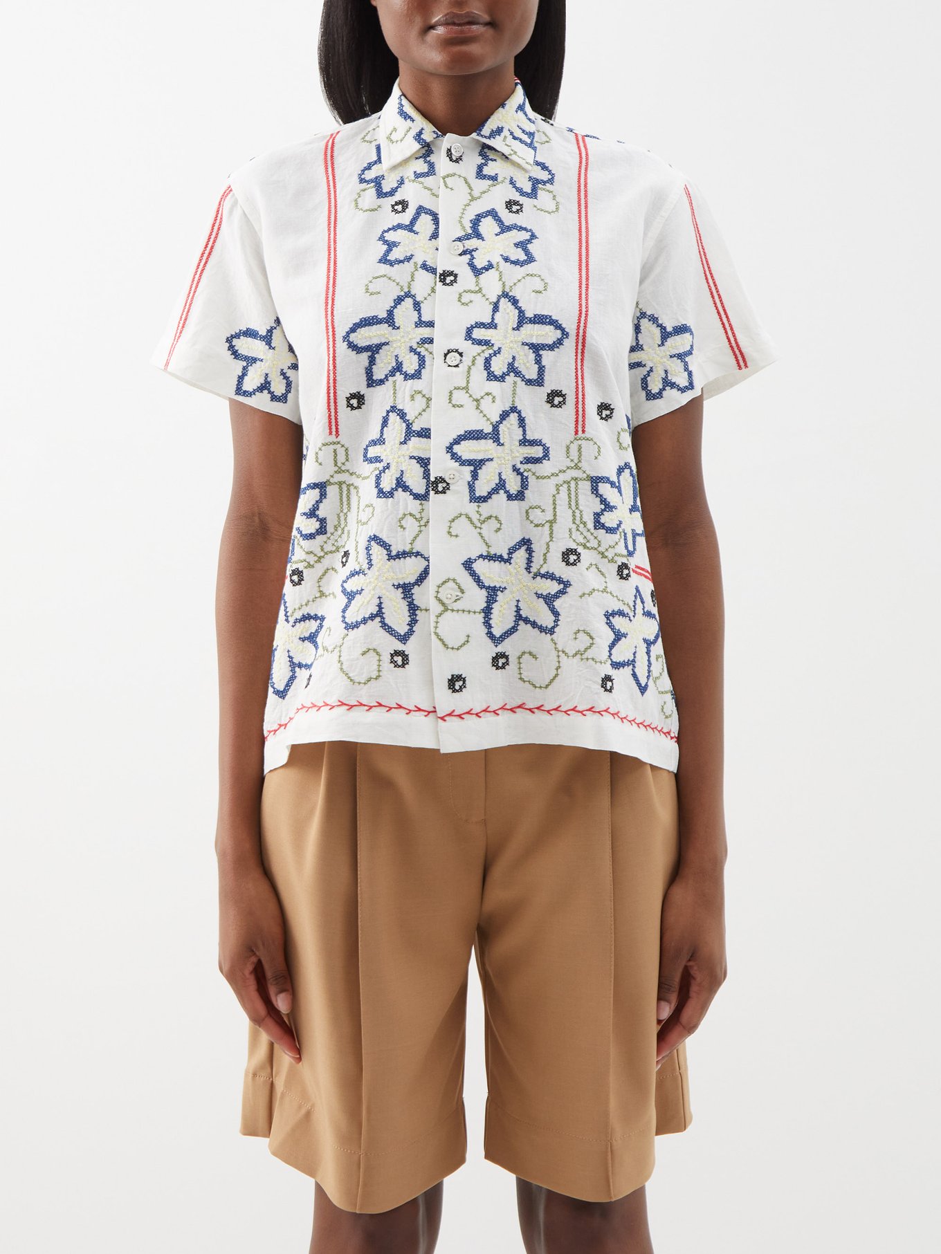 White Cornflower cross-stitched cotton shirt | Bode
