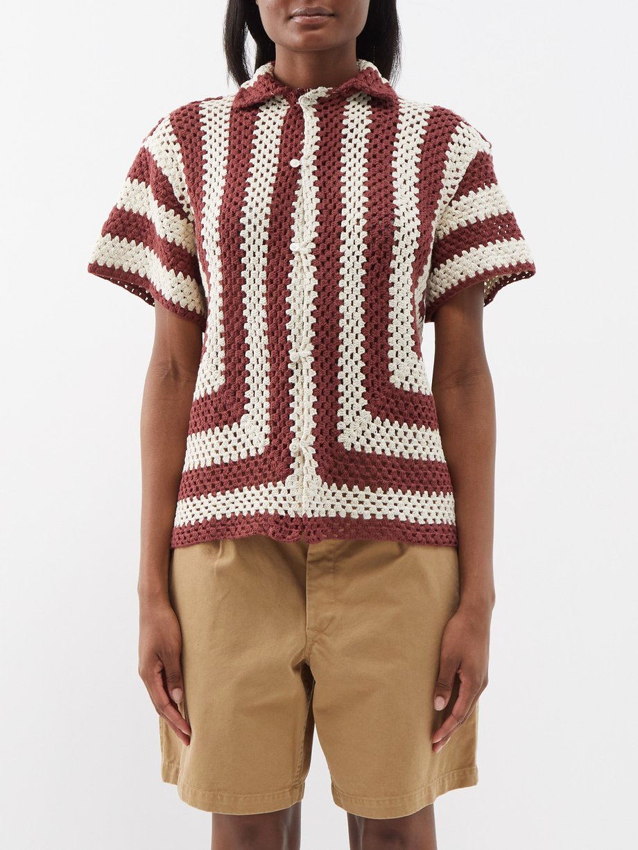 Bode Crocheted striped cotton short-sleeved shirt