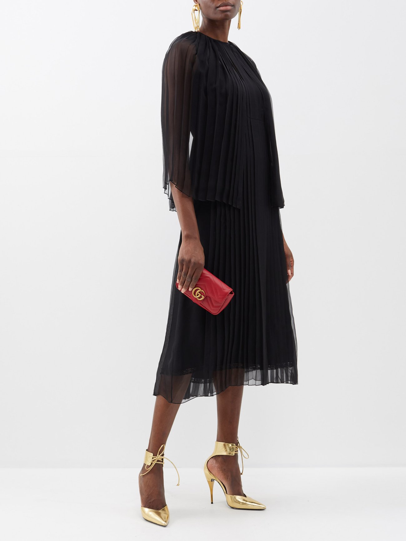 Pleated cape-shoulder silk-chiffon midi dress