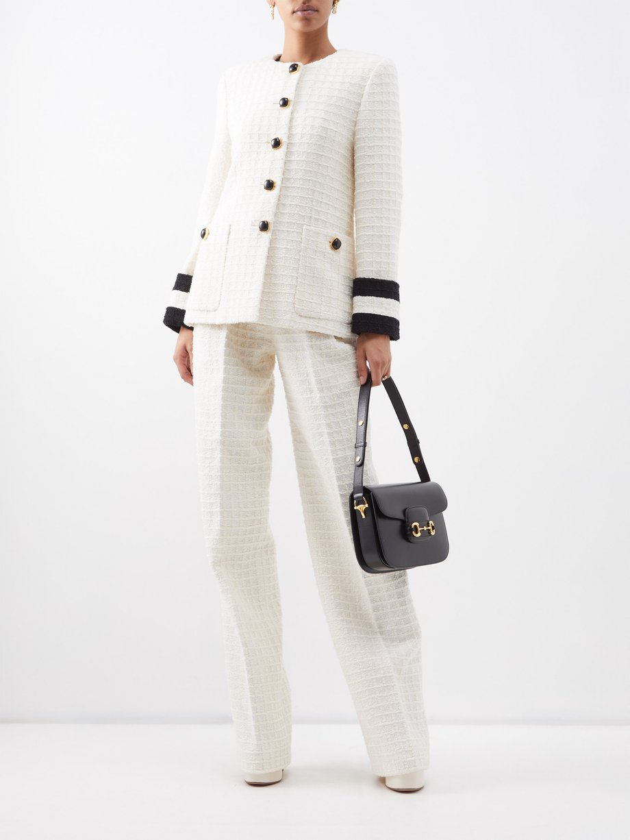 White Collarless button-front cotton-blend tweed jacket, Gucci