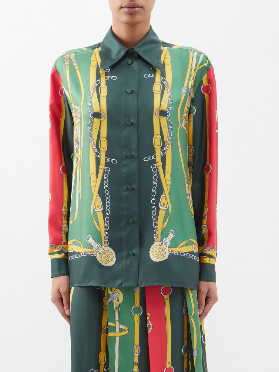 Gucci Printed Silk-twill Shirt - Women - Green Tops - S