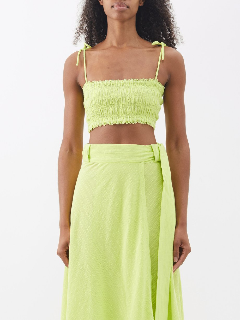 Green Lace-trimmed shirred cotton crop top, Boteh