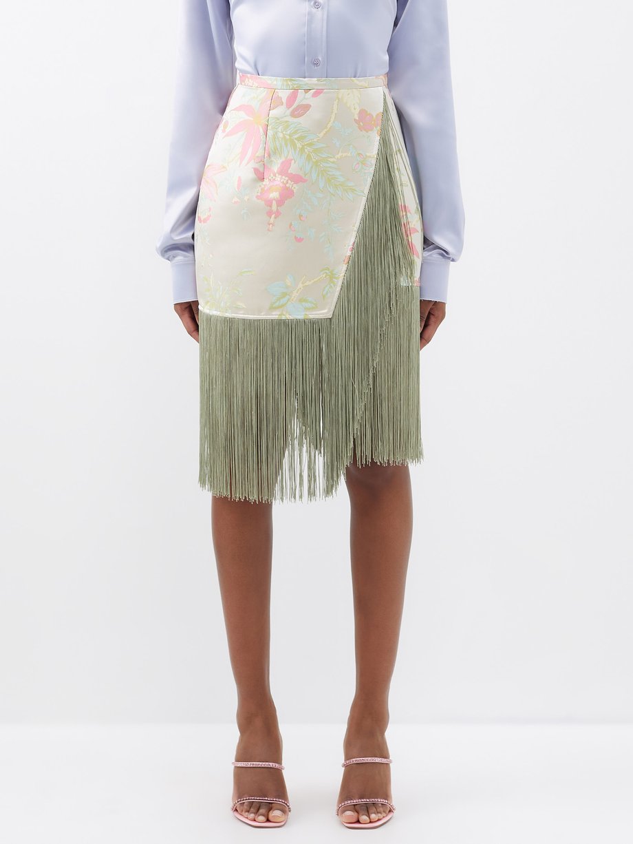 Green Fringed floral satin-jacquard wrap skirt | Taller Marmo 