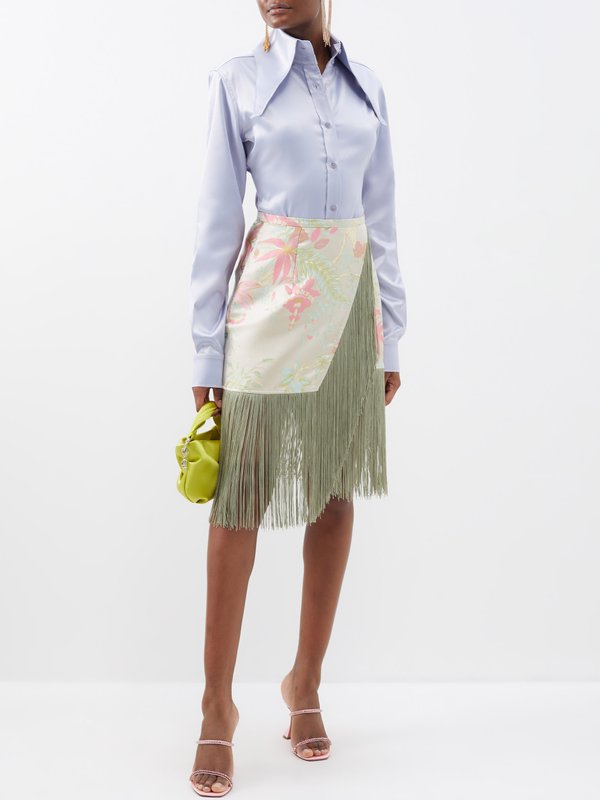 Taller Marmo Fringed floral satin-jacquard wrap skirt