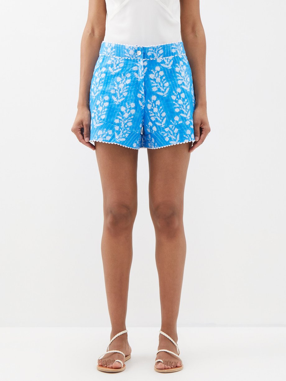 Blue Scallop-trimmed floral-print cotton shorts | Juliet Dunn ...