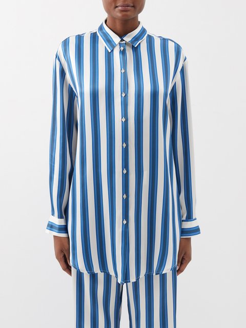 Blue London striped silk pyjama shirt, Asceno
