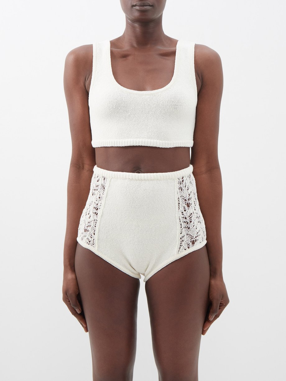 White Karnak square-neck knitted-linen crop top