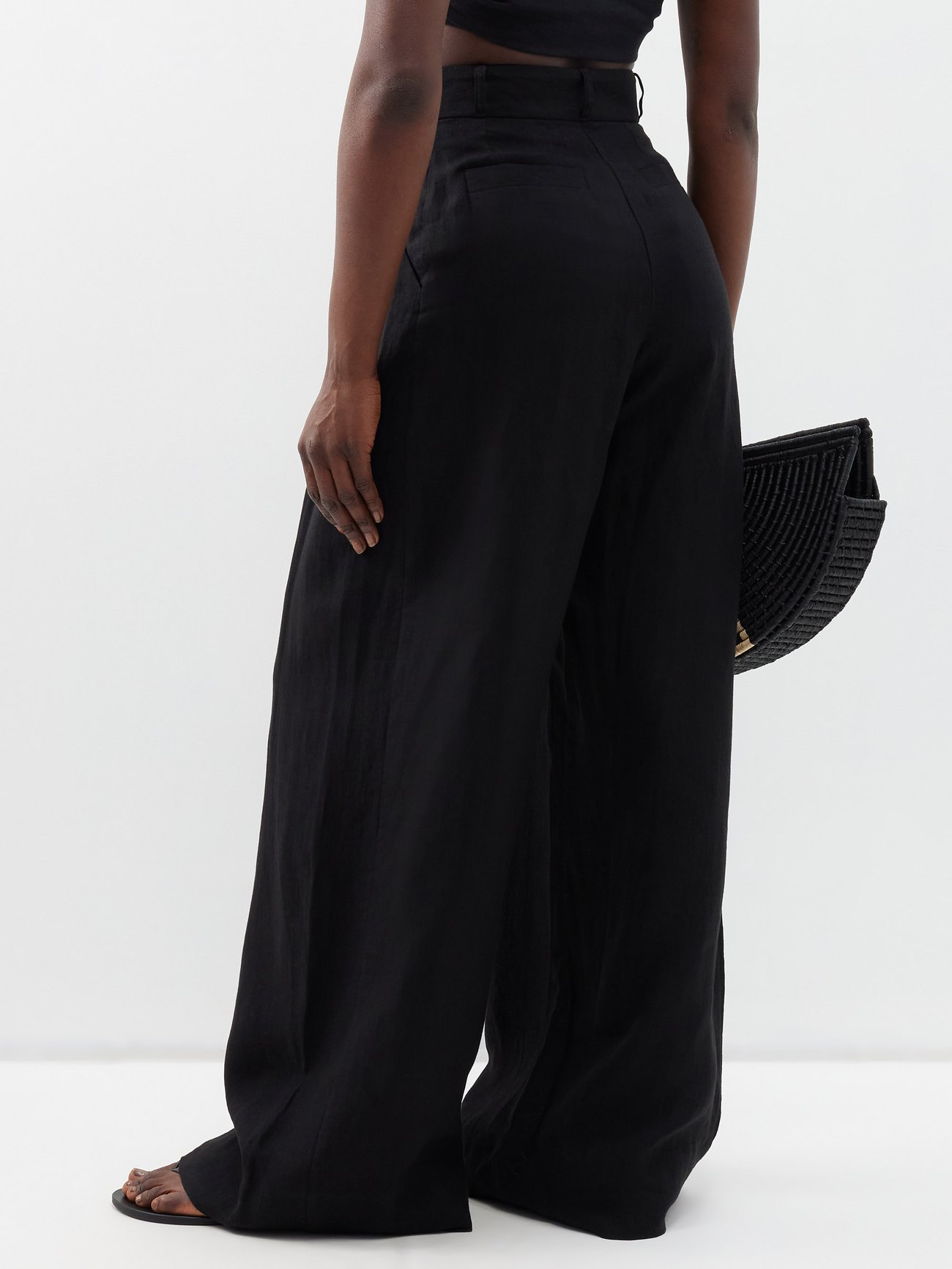 Black Molly pleated linen wide-leg trousers