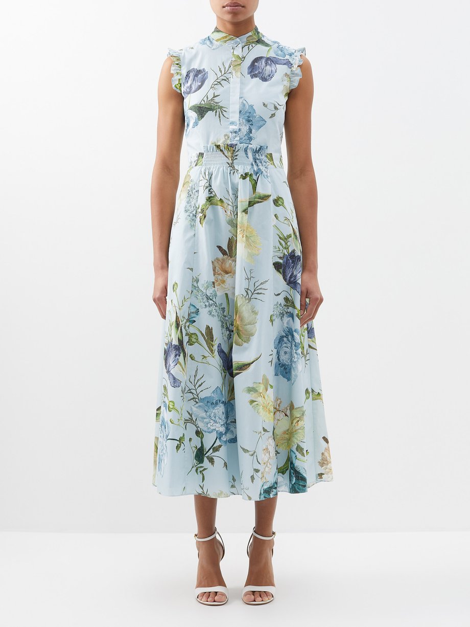 Blue Evie ruffled floral-print cotton-poplin dress | Erdem ...