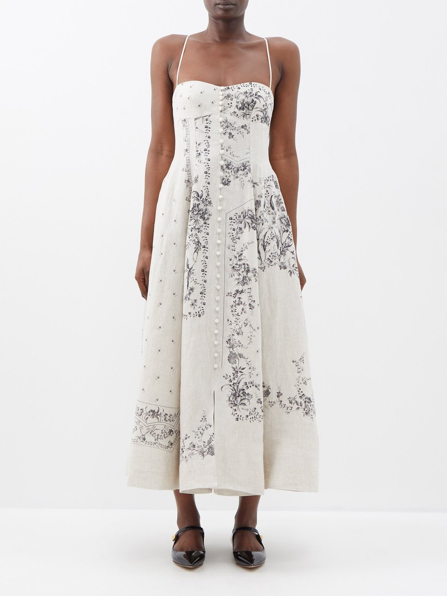 Neutral Catalina floral-print linen midi dress | Erdem | MATCHES UK