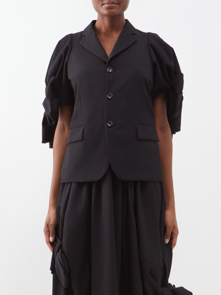Black Puff-sleeve bow-trim wool-gabardine jacket | Comme des